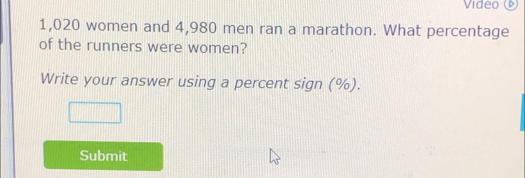 Video
1,020 women and 4,980 men ran a marathon. What percentage 
of the runners were women? 
Write your answer using a percent sign (%). 
Submit