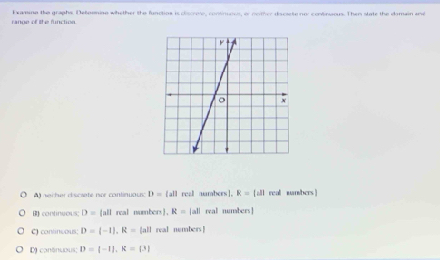 Examne the graphs. Determine whether the function is cliscrete, continuous, or neither discrete nor continuious. Then state the domain and
range of the function.
A) neither discrete nor continuous; D= all real nambers. R=[all real numbers )
B) continuous; D=[all real numbers. R=[all real numbers]
C) continuous; D=(-1), R= all real numbers
D) continuous; D=(-1), R= 3