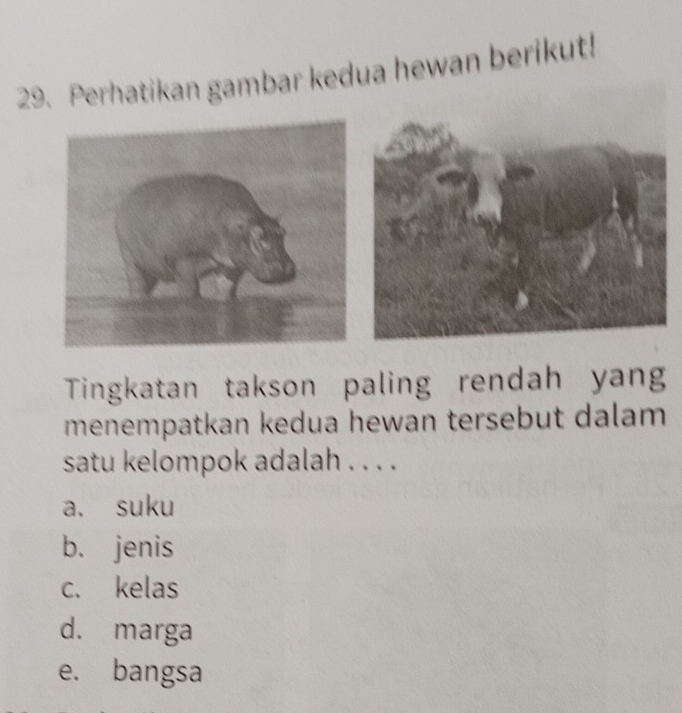 Perhatikan gambar kedua hewan berikut!
Tingkatan takson paling rendah yan
menempatkan kedua hewan tersebut dalam .
satu kelompok adalah . . . .
a. suku
b. jenis
c. kelas
d. marga
e. bangsa