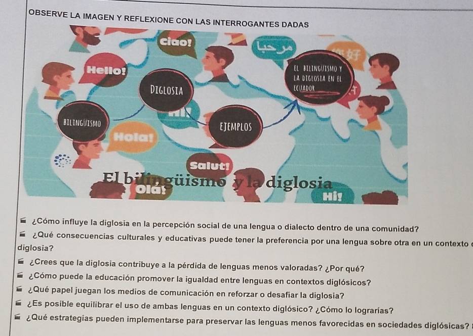 OBSERVE LA IMAGEN Y REFLEXIONE CON 
¿Cómo influye la diglosia en la percepción social de una lengua o dialecto dentro de una comunidad? 
¿Qué consecuencias culturales y educativas puede tener la preferencia por una lengua sobre otra en un contexto 
diglosia? 
¿Crees que la diglosia contribuye a la pérdida de lenguas menos valoradas? ¿Por qué? 
¿Cómo puede la educación promover la igualdad entre lenguas en contextos diglósicos? 
¿Qué papel juegan los medios de comunicación en reforzar o desafiar la diglosia? 
¿Es posible equilibrar el uso de ambas lenguas en un contexto diglósico? ¿Cómo lo lograrías? 
¿Qué estrategias pueden implementarse para preservar las lenguas menos favorecidas en sociedades diglósicas?