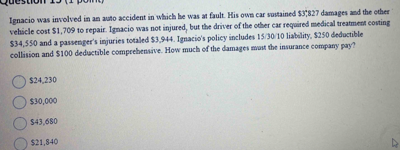 (1 pon
Ignacio was involved in an auto accident in which he was at fault. His own car sustained $3,827 damages and the other
vehicle cost $1,709 to repair. Ignacio was not injured, but the driver of the other car required medical treatment costing
$34,550 and a passenger's injuries totaled $3,944. Ignacio's policy includes 15/30/10 liability, $250 deductible
collision and $100 deductible comprehensive. How much of the damages must the insurance company pay?
$24,230
$30,000
$43,680
$21,840