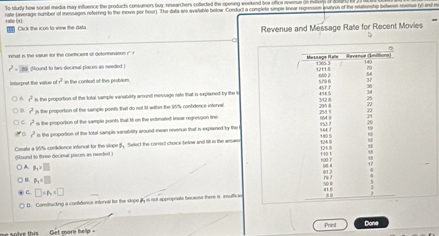 To study how social media may influence the products consumers buy, researchers collected the opening weekend box office revenue (in millions of dollars) i 23 lece
rate (average number of messages referring to the movie per hour). The data are available below Conduct a complete simple linear regression analysis of the relationship between revenue (y) and m
rate (x)
= Click the icon to view the data
Revenue and Message Rate for Recent Movies
What is the value for the coefficient of determination r ?
r^2=89 (Round to two decimal places as needed ) 
Interpret the value of r^2 in the context of this problem
A. r^2in the proportion of the total sample variability around message rate that is explained by the li
B. r^2) : s the proportion of the sample points that do not fit within the 95% confidence interval
C. r^2 is the proportion of the sample points that fit on the estimated linear regression line
D. r^2 is the proportion of the total sample variability around mean revenue that is explained by the l
Create a 95% confidence interval for the slope beta _1 Select the correct choice below and fill in the answer
(Round to three decimal places as needed.)
A. beta _1≥ □
B. beta _1=□
C. □ ≤ beta _1≤ □
D. Constructing a confidence interval for the slope is not appropriate because there is insufficie
me solve this Get more help Print Done