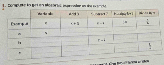 Complete to get an algebraic expression as the example.
words. Give two different written