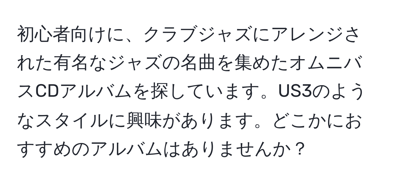 初心者向けに、クラブジャズにアレンジされた有名なジャズの名曲を集めたオムニバスCDアルバムを探しています。US3のようなスタイルに興味があります。どこかにおすすめのアルバムはありませんか？