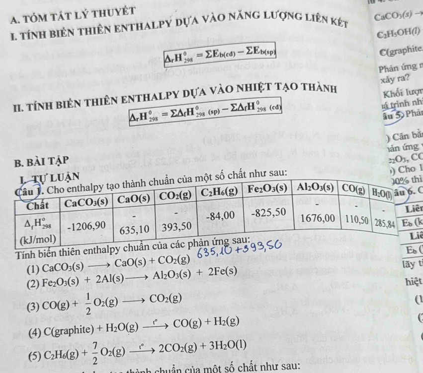 tóm tát lý thuyét
I. tính biên thiên eNthAlpý dựa vào năng lượng liên két CaCO_3(s)to
C_2H_5OH(l)
△ _rH_(298)^0=sumlimits E_b(cd)-sumlimits E_b(sp)
C(graphite
Phản ứng n
. tíNh biên thiêN ENTHALPY Dựa vàO nhIệT tạo thành xǎy ra?
Khối lượt
△ _rH_(298)^0=sumlimits △ _fH_(298)^0(sp)-sumlimits △ _fH_(298)^0(cd)
lá trình nh
âu 5 Phảt
) Cân bằ
án ứng 
b. bài tập _2O_3,C
ất như sau:
) Cho 1
ì
C
ê
Tính biến thiên en
iê
(
(1) CaCO_3(s)to CaO(s)+CO_2(g) lãy ti
(2) Fe_2O_3(s)+2Al(s)to Al_2O_3(s)+2Fe(s) hiệt
(3) CO(g)+ 1/2 O_2(g)to CO_2(g)
(1
(4) C(graphite)+H_2O(g)xrightarrow t°CO(g)+H_2(g)
C
(5) C_2H_6(g)+ 7/2 O_2(g)xrightarrow circ 2CO_2(g)+3H_2O(l)
hành chuẩn của một số chất như sau: