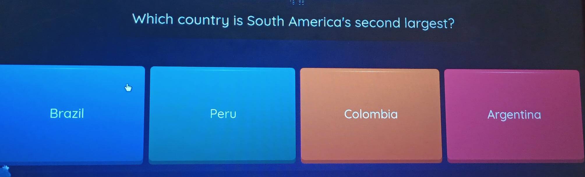 Which country is South America's second largest?
Brazil Peru Colombia Argentina