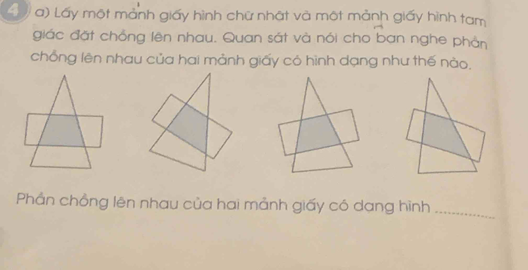 ( a) Lấy một mảnh giấy hình chữ nhật và một mảnh giấy hình tam 
giác đặt chồng lên nhau. Quan sát và nói cho ban nghe phần 
chồng lên nhau của hai mảnh giấy có hình dạng như thế nào. 
Phần chồng lên nhau của hai mảnh giấy có dang hình_