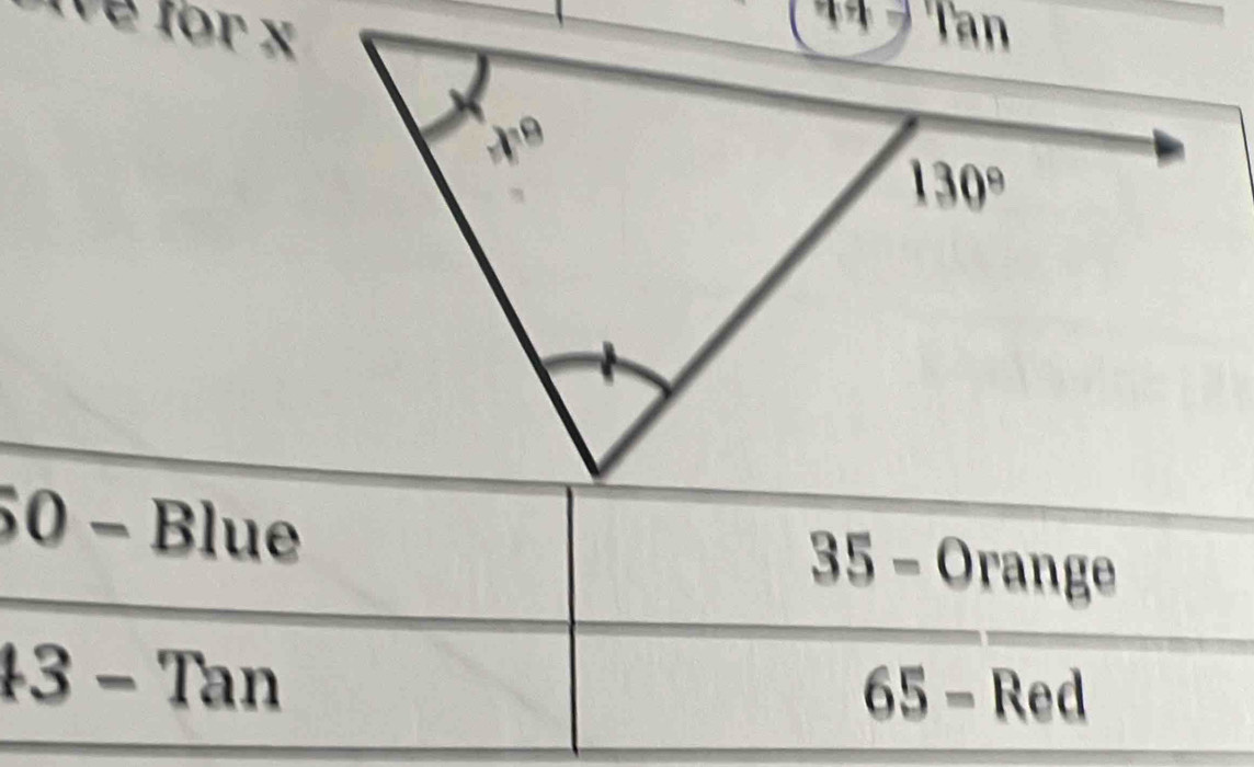 for x
50 - Blue
35-Orange
43-Tan
65- Red
