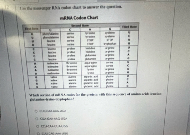 Solved: Use the messenger RNA codon chart to answer the question. mRNA ...