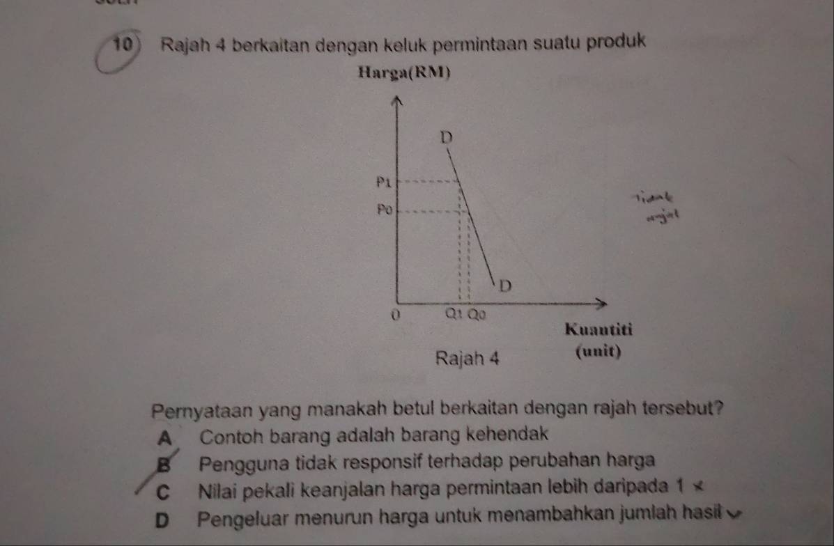 Rajah 4 berkaitan dengan keluk permintaan suatu produk
Harga(RM)
i
Rajah 4
(unit)
Pernyataan yang manakah betul berkaitan dengan rajah tersebut?
A Contoh barang adalah barang kehendak
BPengguna tidak responsif terhadap perubahan harga
C Nilai pekali keanjalan harga permintaan lebih daripada 1 ×
D Pengeluar menurun harga untuk menambahkan jumlah hasil