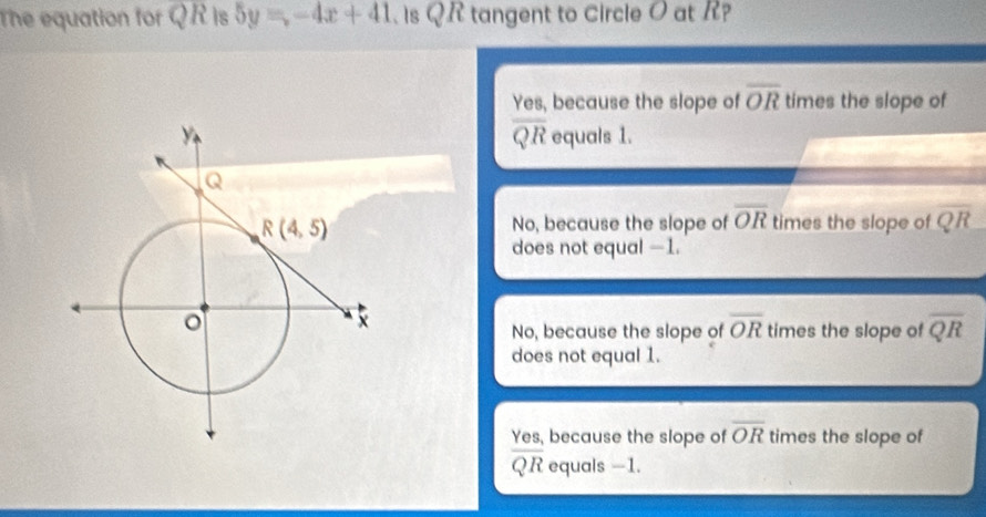 The equation for QR is 5y=-4x+41 、 Is QR tangent to Circle O at R?
Yes, because the slope of overline OR times the slope of
overline QR
equals 1.
No, because the slope of overline OR times the slope of overline QR
does not equal —1.
No, because the slope of overline OR times the slope of overline QR
does not equal 1.
Yes, because the slope of overline OR times the slope of
overline QR equals -1.