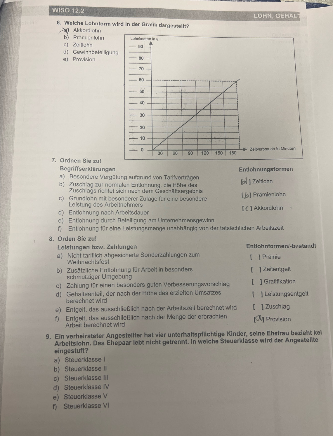 WISO 12.2
LOHN, GEHALT
6. Welche Lohnform wird in der Grafik dargestellt?
Akkordlohn
b) Prämienlohn 
c) Zeitlohn 
d) Gewinnbeteiligung
e) Provision
eitverbrauch in Minuten
7. Ordnen Sie zu!
Begriffserklärungen Entlohnungsformen
a) Besondere Vergütung aufgrund von Tarifverträgen
b) Zuschlag zur normalen Entlohnung, die Höhe des
] Zeitlohn
Zuschlags richtet sich nach dem Geschäftsergebnis
c) Grundlohn mit besonderer Zulage für eine besondere
]  Prämienlohn
Leistung des Arbeitnehmers
[C] Akkordlohn
d) Entlohnung nach Arbeitsdauer
e) Entlohnung durch Beteiligung am Unternehmensgewinn
f) Entlohnung für eine Leistungsmenge unabhängig von der tatsächlichen Arbeitszeit
8. Orden Sie zu!
Leistungen bzw. Zahlungen Entlohnformen/-bestandt
a) Nicht tariflich abgesicherte Sonderzahlungen zum
Weihnachtsfest [ ] Prämie
b) Zusätzliche Entlohnung für Arbeit in besonders [ ] Zeitentgelt
schmutziger Umgebung
c) Zahlung für einen besonders guten Verbesserungsvorschlag [ ] Gratifikation
d) Gehaltsanteil, der nach der Höhe des erzielten Umsatzes ] Leistungsentgelt
【
berechnet wird
e) Entgelt, das ausschließlich nach der Arbeitszeit berechnet wird [ ] Zuschlag
f) Entgelt, das ausschließlich nach der Menge der erbrachten K  Provision
Arbeit berechnet wird
9. Ein verheirateter Angestellter hat vier unterhaltspflichtige Kinder, seine Ehefrau bezieht kei
Arbeitslohn. Das Ehepaar lebt nicht getrennt. In welche Steuerklasse wird der Angestellte
eingestuft?
a) Steuerklasse I
b) Steuerklasse II
c) Steuerklasse III
d) Steuerklasse IV
e) Steuerklasse V
f) Steuerklasse VI