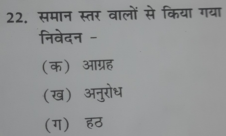 समान स्तर वालों से किया गया
निवेदन -
(क) आग्रह
(ख) अनुरोध
(ग) overline 50