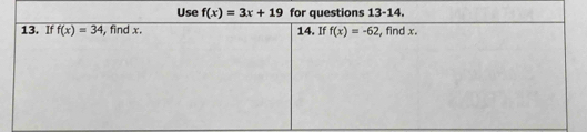 Use f(x)=3x+19 for questions 13-14.