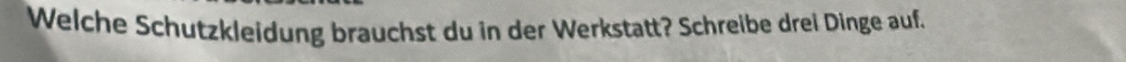 Welche Schutzkleidung brauchst du in der Werkstatt? Schreibe drei Dinge auf.