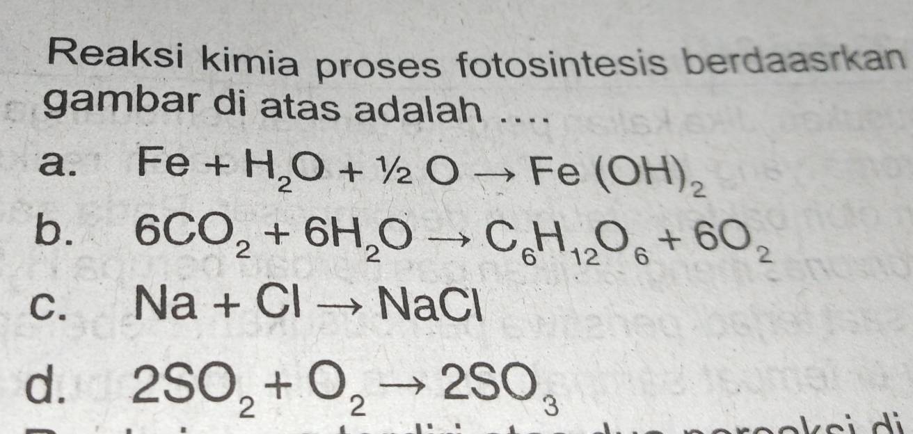 Reaksi kimia proses fotosintesis berdaasrkan
gambar di atas adalah ....
a. Fe+H_2O+1/2Oto Fe(OH)_2
b. 6CO_2+6H_2Oto C_6H_12O_6+6O_2
C. Na+Clto NaCl
d. 2SO_2+O_2to 2SO_3