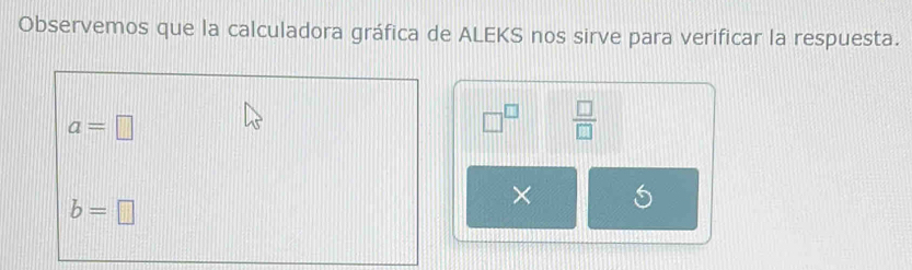 Observemos que la calculadora gráfica de ALEKS nos sirve para verificar la respuesta.
a=□
□^(□)  □ /□  
b=□
×