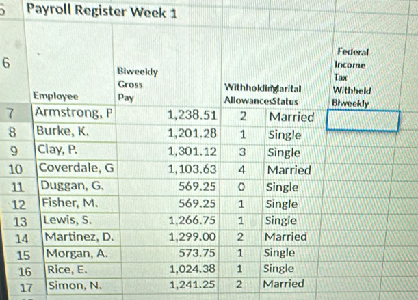 Payroll Register Week 1
6
7
8
9
1
1
1
1
17 Simon, N. 1, 24