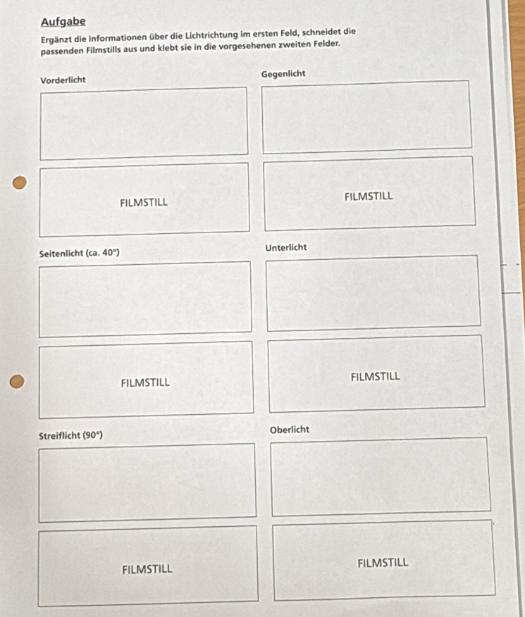 Aufgabe 
Ergänzt die Informationen über die Lichtrichtung im ersten Feld, schneidet die 
passenden Filmstills aus und klebt sie in die vorgesehenen zweiten Felder. 
Vorderlicht Gegenlicht 
FILMSTILL FILMSTILL 
Seitenlicht (ca,40°) Unterlicht 
FILMSTILL FILMSTILL 
Streiflicht (90°) Oberlicht 
FILMSTILL FILMSTILL