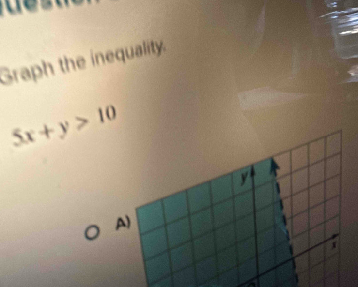 Graph the inequality.
5x+y>10