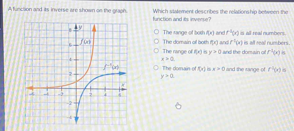 A function and its inverse are shown on the graph. Which statement describes the relationship between the
function and its inverse?
The range of both f(x) and f^(-1)(x) is all real numbers.
The domain of both f(x) and f^(-1)(x) is all real numbers.
The range of f(x) is y>0 and the domain of f^(-1)(x) is
x>0.
The domain of f(x) is x>0 and the range of f^(-1)(x) is
y>0.