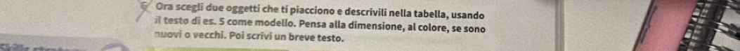 Ora scegli due oggetti che ti piacciono e descrivili nella tabella, usando 
i testo di es. 5 come modello. Pensa alla dimensione, al colore, se sono 
nuovi o vecchi. Poi scrivi un breve testo.