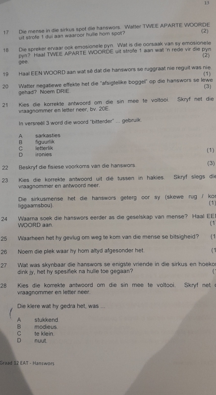 13
17 Die mense in die sirkus spot die hanswors. Watter TWEE APARTE WOORDE
uit strofe 1 dui aan waaroor hulle hom spot? (2)
18 Die spreker ervaar ook emosionele pyn. Wat is die oorsaak van sy emosionele
pyn? Haal TWEE APARTE WOORDE uit strofe 1 aan wat 'n rede vir die pyn (2)
gee.
19 Haal EEN WOORD aan wat sê dat die hanswors se ruggraat nie reguit was nie. (1)
20 Watter negatiewe effekte het die "afsigtelike boggel" op die hanswors se lewe (3)
gehad? Noem DRIE
21 Kies die korrekte antwoord om die sin mee te voltooi. Skryf net die
vraagnommer en letter neer, bv. 20E.
In versreël 3 word die woord "bitterder” ... gebruik.
A sarkasties
B figuurlik
C letterlik
D ironies (1)
22 Beskryf die fisiese voorkoms van die hanswors. (3)
23 Kies die korrekte antwoord uit dié tussen in hakies. Skryf slegs die
vraagnommer en antwoord neer.
Die sirkusmense het die hanswors geterg oor sy (skewe rug / kor
liggaamsbou). (1)
24 Waarna soek die hanswors eerder as die geselskap van mense? Haal EE
WOORD aan.
(1
25 Waarheen het hy gevlug om weg te kom van die mense se bitsigheid? (1
26 Noem die plek waar hy hom altyd afgesonder het. (1
27 Wat was skynbaar die hanswors se enigste vriende in die sirkus en hoeko
dink jy, het hy spesifiek na hulle toe gegaan? 
28 Kies die korrekte antwoord om die sin mee te voltooi. Skryf net 
vraagnommer en letter neer.
Die klere wat hy gedra het, was ...
stukkend.
A
B modieus.
C te klein.
D nuut.
Graad 12 EAT - Hanswors