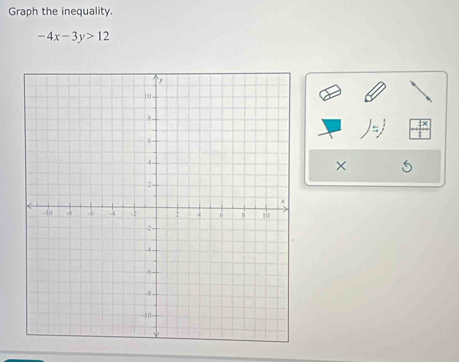 Graph the inequality.
-4x-3y>12
×