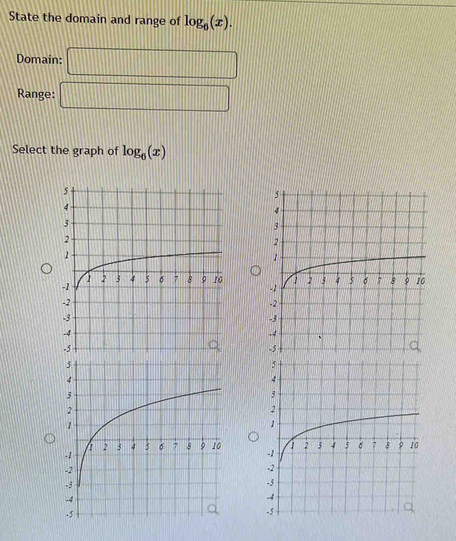 State the domain and range of log _6(x). 
Domain: □ 
Range: □ 
Select the graph of log _6(x)