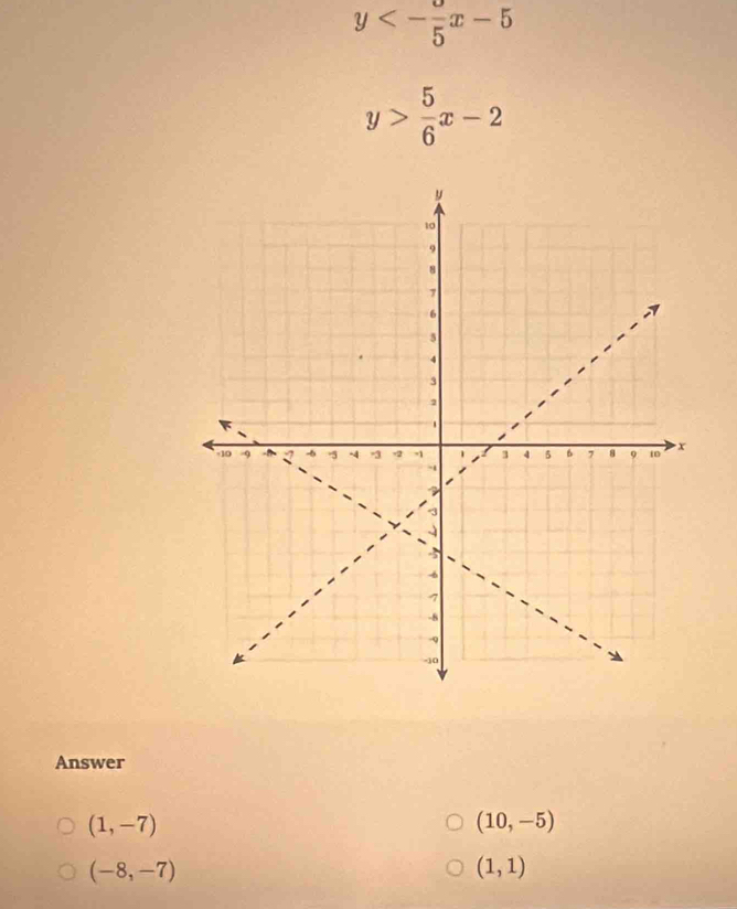 y<-frac 5x-5
y> 5/6 x-2
Answer
(1,-7)
(10,-5)
(-8,-7)
(1,1)