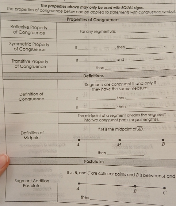 The properties above may only be used with EQUAL signs. 
The properties of congruence below can be applied to statements with congruence symbol. 
Properties of Congruence 
Reflexive Property 
of Congruence For any segment AB,_ 
Symmetric Property If_ 
of Congruence , then_ 
_ 
Transitive Property If_ 
and_ 
of Congruence then_ 
Definitions 
Segments are congruent if and only if 
they have the same measure: 
Definition of 
Congruence If_ , then_ 
If_ , then_ 
The midpoint of a segment divides the segment 
into two congruent parts (equal lengths). 
If M is the midpoint of overline AB, 
Definition of 
Midpoint
A
M
B
then 
_ 
Postulates 
If A, B, and C are collinear points and B is between A and 
Segment Addition 
Postulate
A
B C
_ 
then 
.