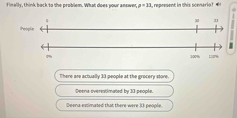 Finally, think back to the problem. What does your answer, p=33 , represent in this scenario? D
There are actually 33 people at the grocery store.
Deena overestimated by 33 people.
Deena estimated that there were 33 people.