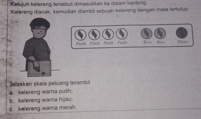 Ketujuh kelereng tersebut dimasukkan ke dalam kantong. 
Kelereng diacak, kemudian diambil sebuah kelereng dengan mata tertutup. 
Putih Putih Putih Putih Biru Biru Hijau 
Jelaskan skala peluang terambil 
a. kelereng warna putih; 
b. kelereng warna hijau; 
c. kelereng warna merah.