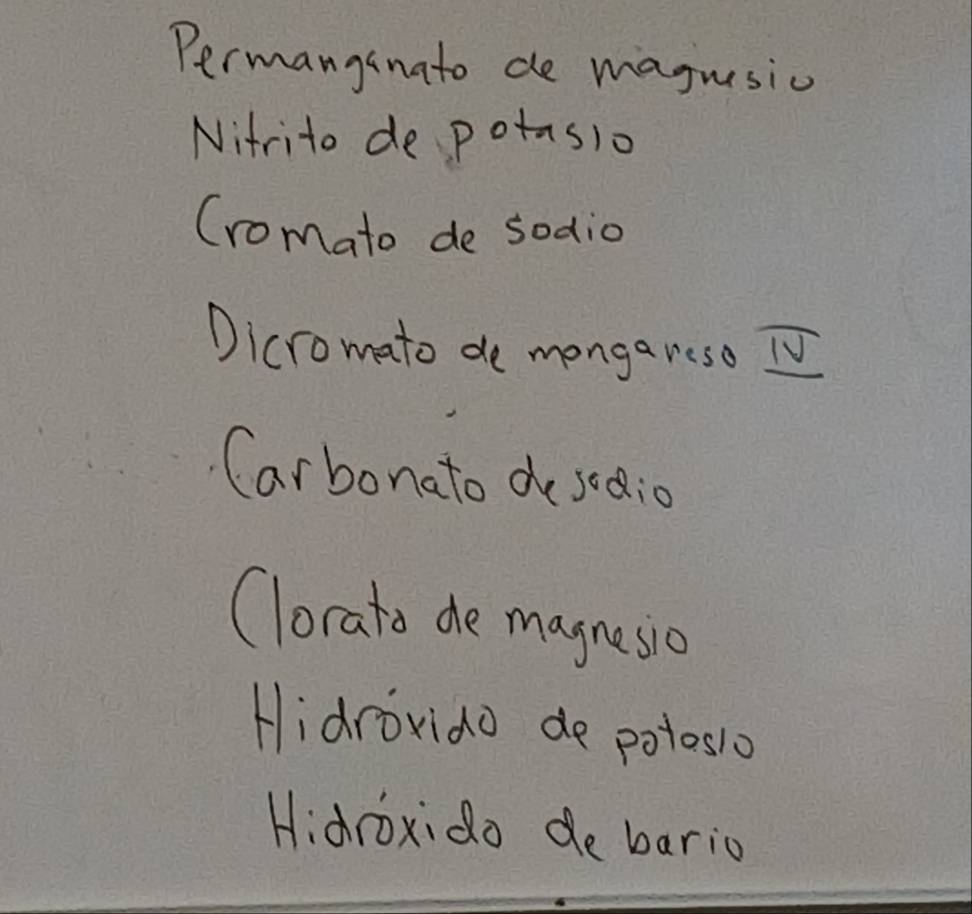 Permanganato de magusic
Nitrito depotasio
(romato de sodio
Dicromato de mongareso D
Carbonato do seaio
Clorato de magnesio
Hidroxido de potes10
Hidroxido de bario