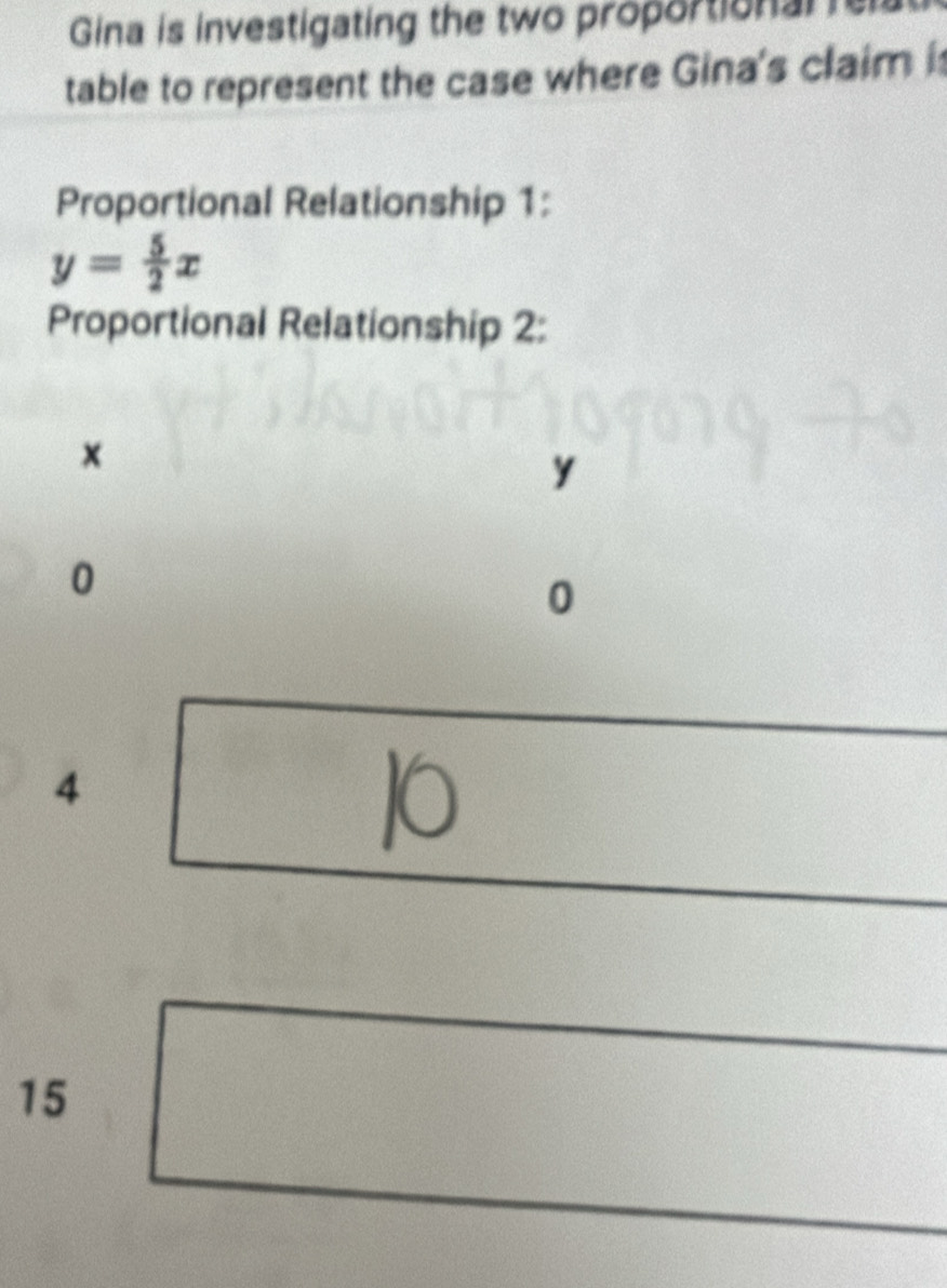 Gina is investigating the two proportionale 
table to represent the case where Gina's claim i 
Proportional Relationship 1:
y= 5/2 x
Proportional Relationship 2:
x
y
0
0
4
15