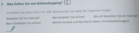 Was halten Sie von Onlineshopping? 10 
Schreiben Sie einen Text in Ihr Heft. Beantworten Sie dabei die folgenden Fragen. 
Bestellen Sie im Internet? Was bestellen Sie online? Wie oft bestellen Sie im Internet? 
Wann bestellen Sie online? Welche Vorteile und Nachteile haben Onlinebestellungen?