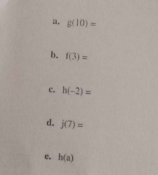 a. g(10)=
b. f(3)=
c. h(-2)=
d. j(7)=
e. h(a)