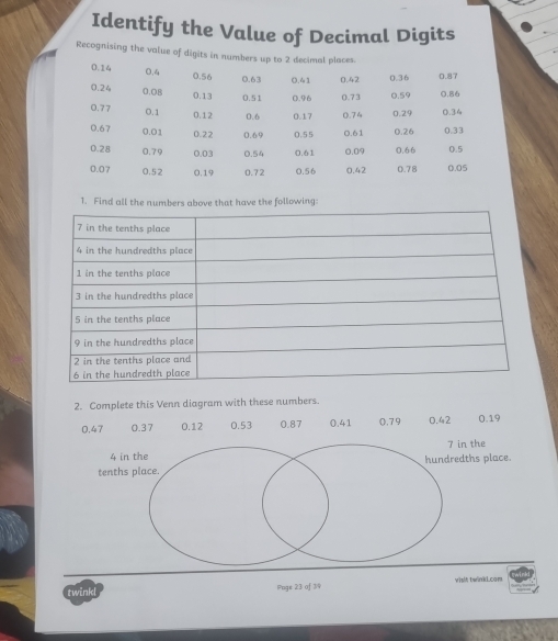 Identify the Value of Decimal Digits 
Recognising th 
1. Find all the numbers above that have the following: 
2. Complete this Venn diagram with these numbers.
0.47 0.37 0.12 0.53 0.87 0.41 0,79 0.42 0.19
4 in the 7 in the 
tenths place. hundredths place. 
twinkl Page 23 of 1/9 visit twinkL.com