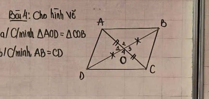 Bā4: Cho hinh vè 
al Clminh △ AOD=△ COB
61d/minh AB=CD