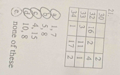 a 1, 7
b 5, 8
4, 15
d 10, 8
e) none of these