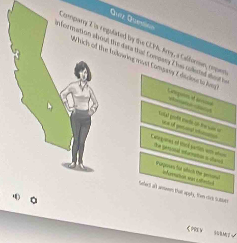 Quiz Ösesion 
gulated by the CCPA. Amy, a Calfornsn, rmn 
t the data that Company Z has collected s h o u 
following must Company 7 disclose to Amp 
Categories Mn sénonal 
Lotal profit mede on the ws on 
sse el peronaé réfsnaen 
Categories of thiel partian ith aium 
the personal inforetion i claned 
Purposes for which the personal 
Informaton was colected 
Sefect all answers that apply, then click SUBMC 
くPREV SUBMIT