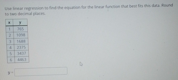 Use linear regression to find the equation for the linear function that best fits this data. Round 
to two decimal places.
y=□