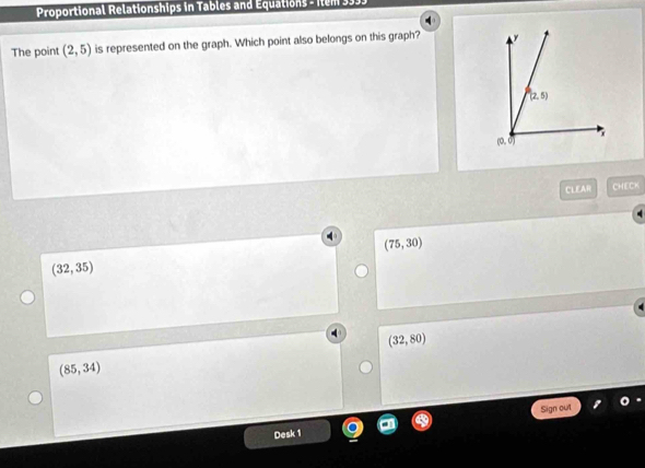 Proportional Relationships in Tables and Équations - Item 3333
The point (2,5) is represented on the graph. Which point also belongs on this graph? 
CLEAR CHECK
(75,30)
(32,35)
(32,80)
(85,34)
Sign out
Desk 1