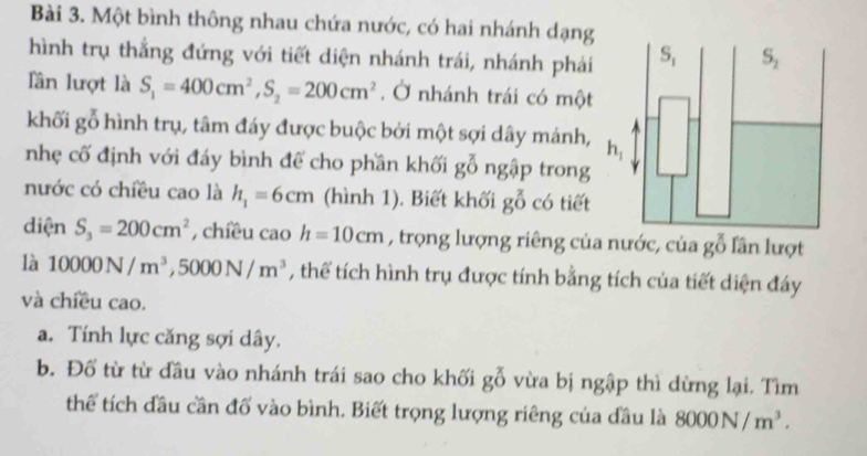 Một bình thông nhau chứa nước, có hai nhánh dạng
hình trụ thắng đứng với tiết diện nhánh trái, nhánh phái 
lân lượt là S_1=400cm^2,S_2=200cm^2. Ở nhánh trái có một
khối gỗ hình trụ, tâm đáy được buộc bởi một sợi dây mánh, 
nhẹ cố định với đáy bình để cho phần khối goverline overline O ngập trong
nước có chiều cao là h_1=6cm (hình 1). Biết khối goverline ^x có tiết
diện S_3=200cm^2 , chîều cao h=10cm , trọng lượng riêng của nước, của ; go Tần lượt
là 10000N/m^3,5000N/m^3 , thế tích hình trụ được tính bằng tích của tiết diện đáy
và chiều cao.
a. Tính lực căng sợi dây.
b. Đổ từ từ đầu vào nhánh trái sao cho khối goverline overline O^2 vừa bị ngập thì dừng lại. Tìm
thể tích đầu cần đố vào bình. Biết trọng lượng riêng của đầu là 8000N/m^3.