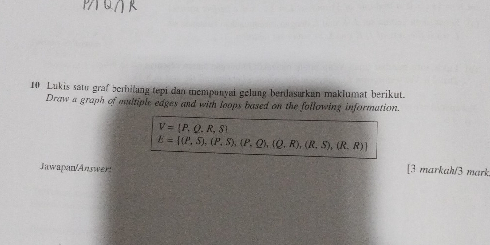 Lukis satu graf berbilang tepi dan mempunyai gelung berdasarkan maklumat berikut. 
Draw a graph of multiple edges and with loops based on the following information.
V= P,Q,R,S
E= (P,S),(P,S),(P,Q),(Q,R),(R,S),(R,R)
Jawapan/Answer: 
[3 markah/3 mark