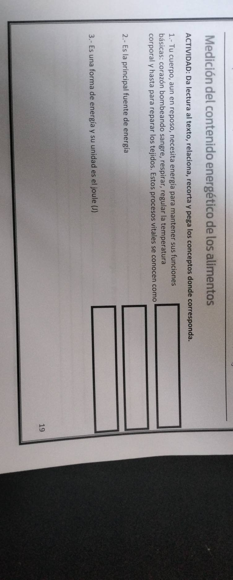 Medición del contenido energético de los alimentos 
ACTIVIDAD: Da lectura al texto, relaciona, recorta y pega los conceptos donde corresponda. 
1.- Tu cuerpo, aun en reposo, necesita energía para mantener sus funciones 
básicas: corazón bombeando sangre, respirar, regular la temperatura 
corporal y hasta para reparar los tejidos. Estos procesos vitales se conocen como 
2.- Es la principal fuente de energía 
3.- Es una forma de energía y su unidad es el joule (J) 
19