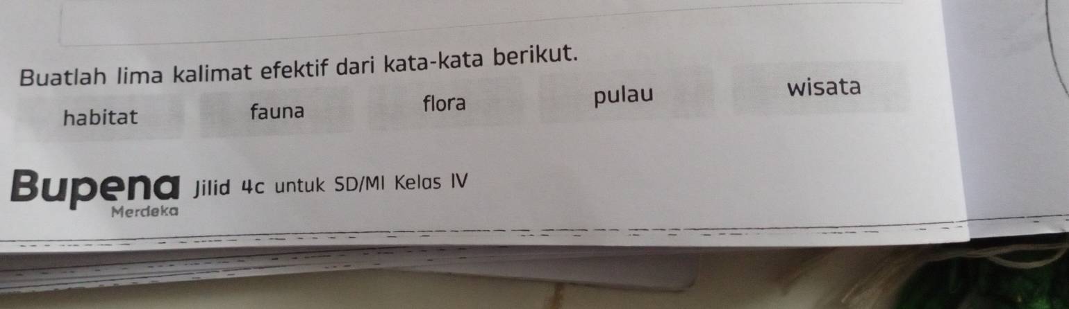 Buatlah lima kalimat efektif dari kata-kata berikut. 
flora 
habitat fauna pulau 
wisata 
Bupena jilid 4c untuk SD/MI Kelas IV 
Merdeka