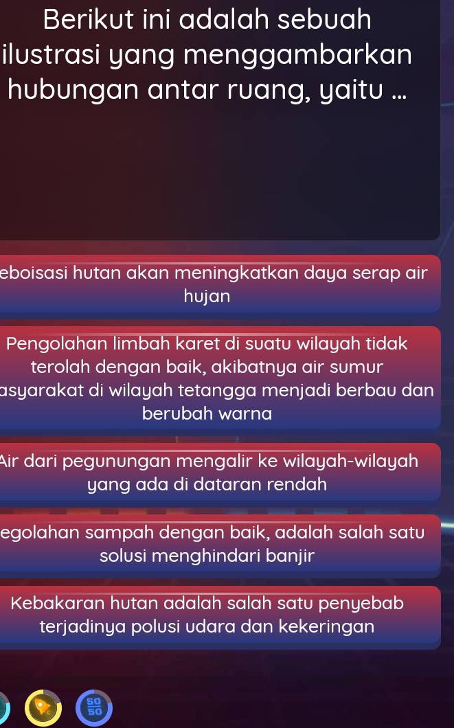 Berikut ini adalah sebuah
ilustrasi yang menggambarkan
hubungan antar ruang, yaitu ...
eboisasi hutan akan meningkatkan daya serap air.
hujan
Pengolahan limbah karet di suatu wilayah tidak
terolah dengan baik, akibatnya air sumur
asyarakat di wilayah tetangga menjadi berbau dan
berubah warna
Air dari pegunungan mengalir ke wilayah-wilayah
yang ada di dataran rendah
egolahan sampah dengan baik, adalah salah satu
solusi menghindari banjir
Kebakaran hutan adalah salah satu penyebab
terjadinya polusi udara dan kekeringan