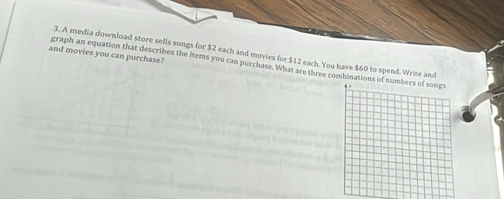 A media download store sells songs for $2 each and movies for $12 each. You have $60 to spend. Write and 
and movies you can purchase? 
graph an equation that describes the items you can purchase. What are three combinations