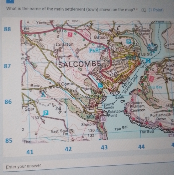 What is the name of the main settlement (town) shown on the map? * (1 Point)
8
8Eas
Por
8
86
uth G
R
84
Enter your answer